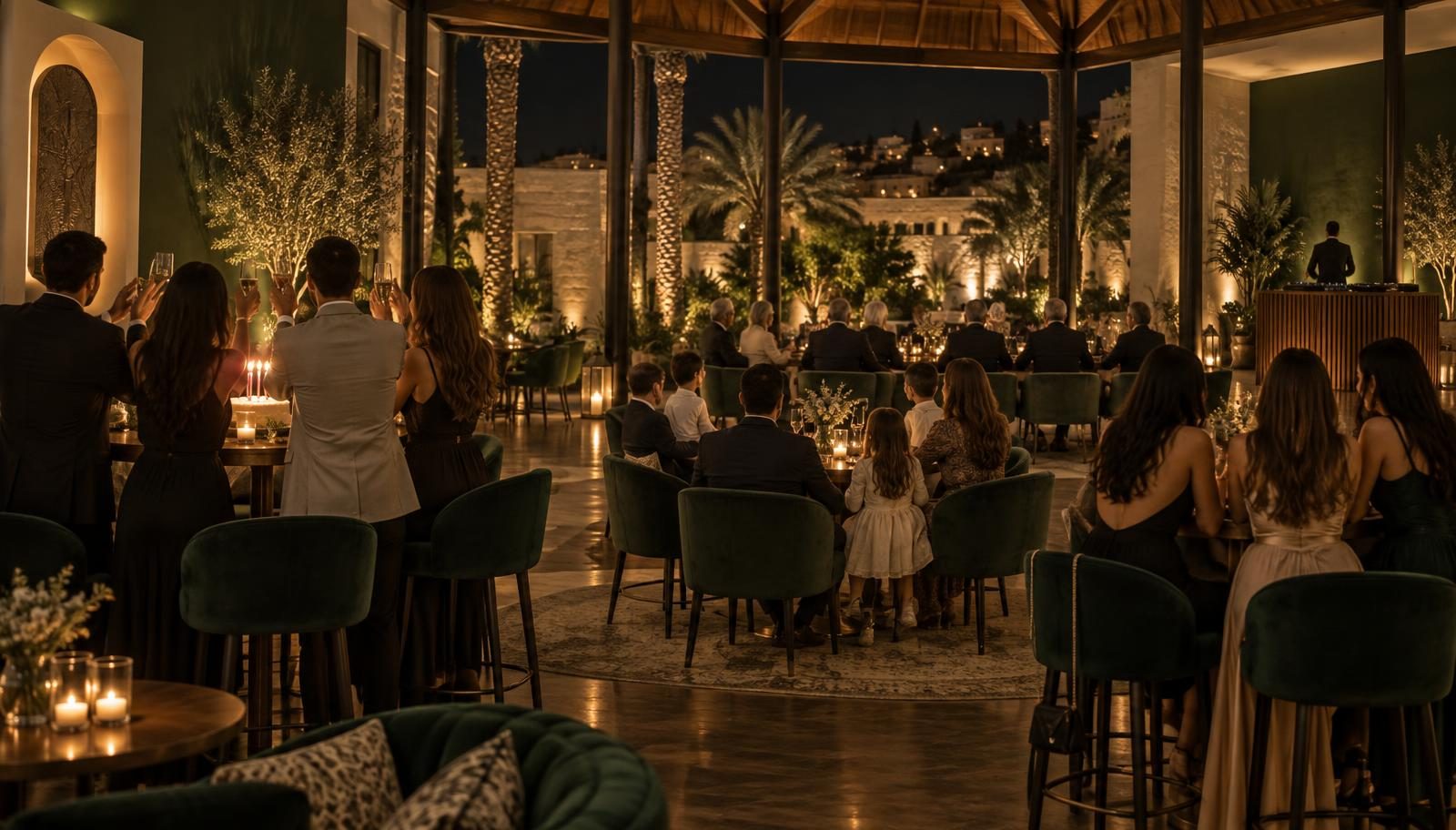 Illustrative evening at the lounge: friends celebrating a birthday around a cake, women chatting on stools, a family and older guests at their tables, a DJ in the corner